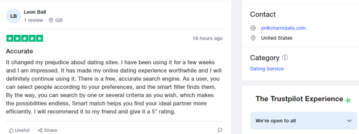 Here's an exaples of charmdate review on Trustpilot.