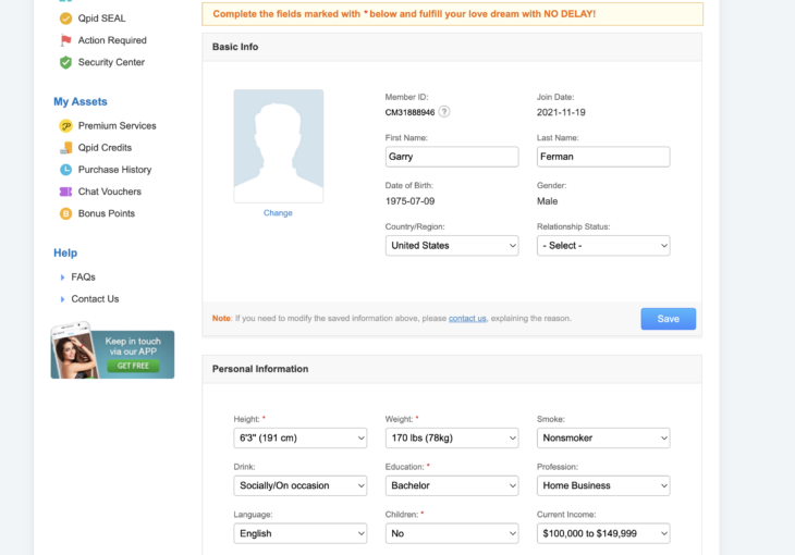 Completing the personal information on the profile page on the ColombiaLady dating site