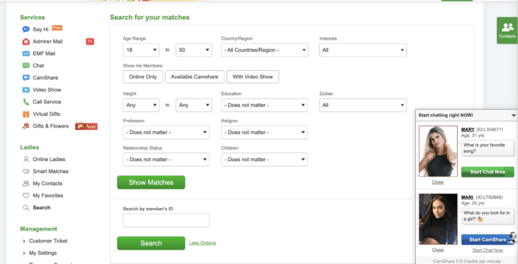The search filters for profiles of girls on the ColombiaLady site