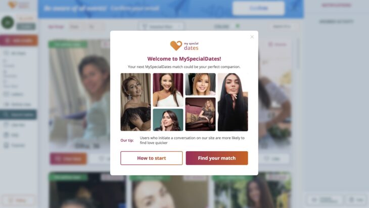 Main page with pop-up after registration on the MySpecialDates dating site