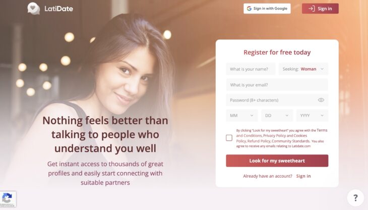 Home page with registration form on the LatiDate dating site