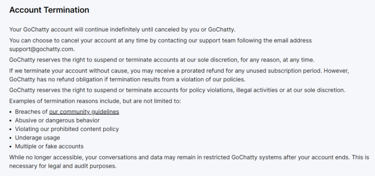 GoChatty account termination