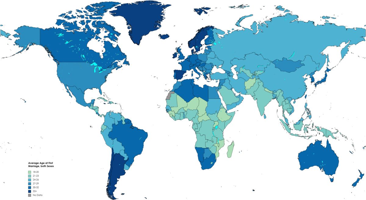 World map of Age at First Marriage